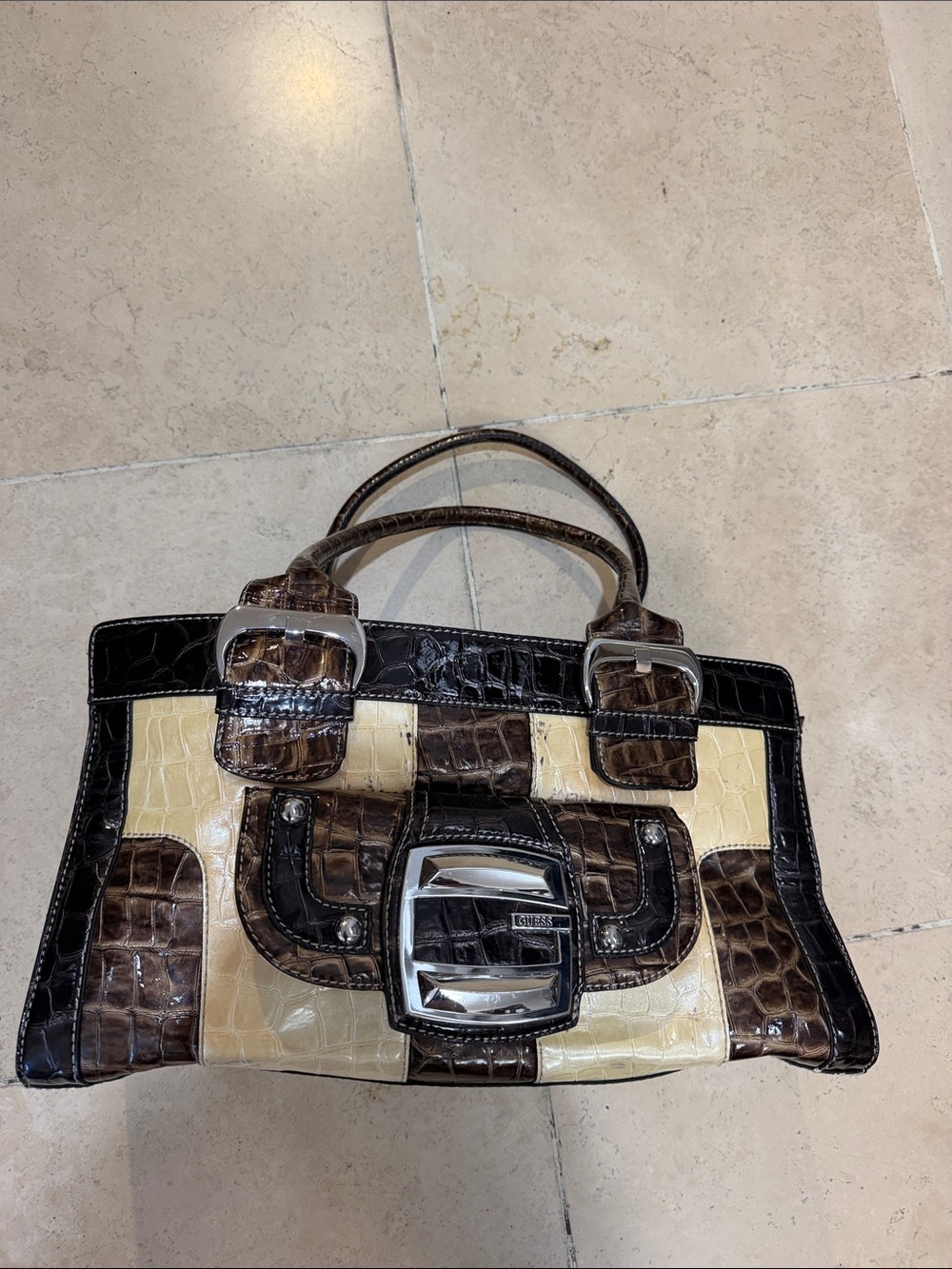 Y2K Guess Two-Tone Brown & Cream Croc-Embossed Satchel